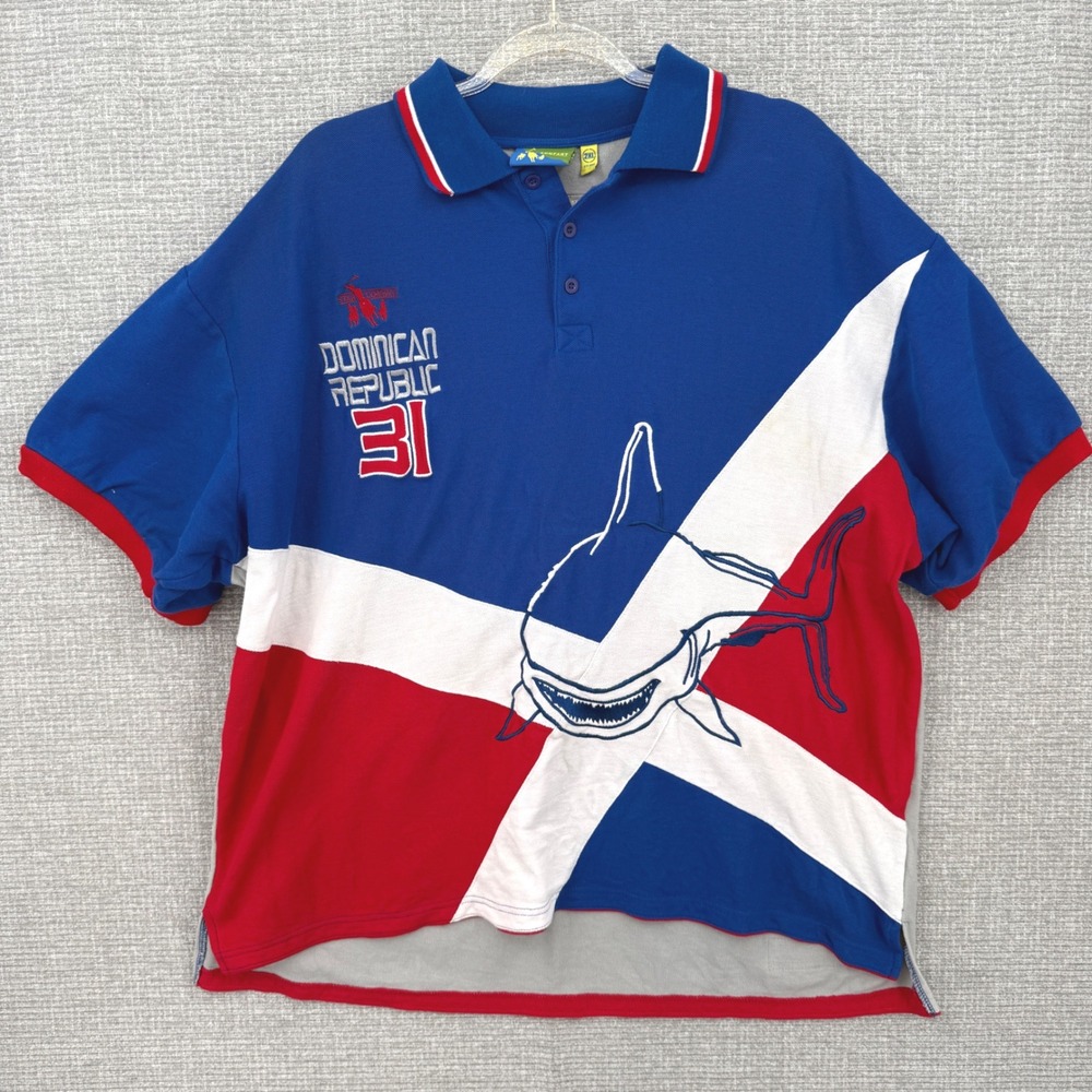 Star Company Men's Dominican Republic Shark Polo Shirt Sz 2XL Blue‎ Red White